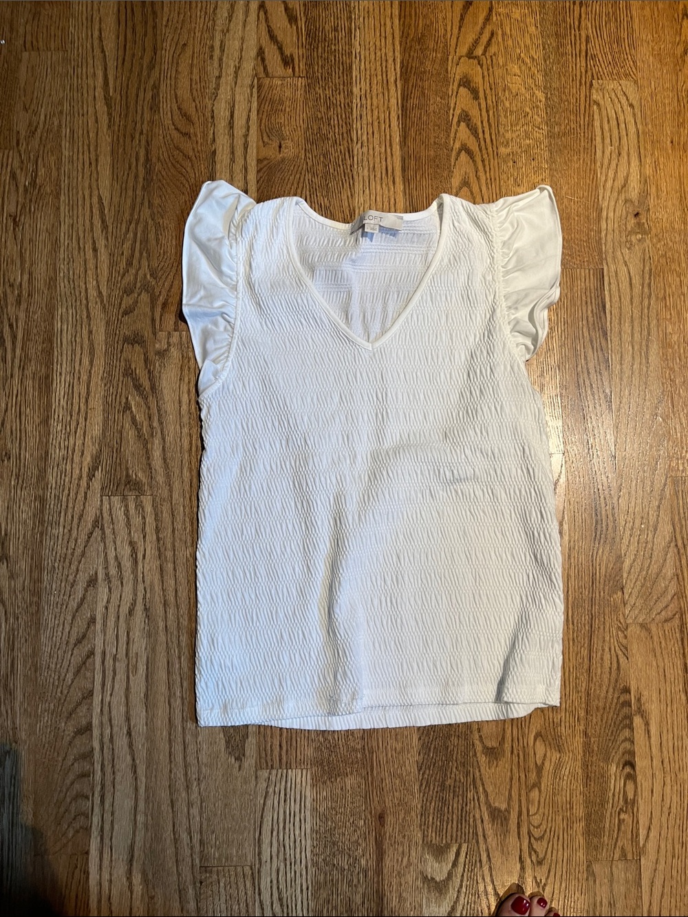 LOFT White V-Neck Ruffle Sleeve Tank